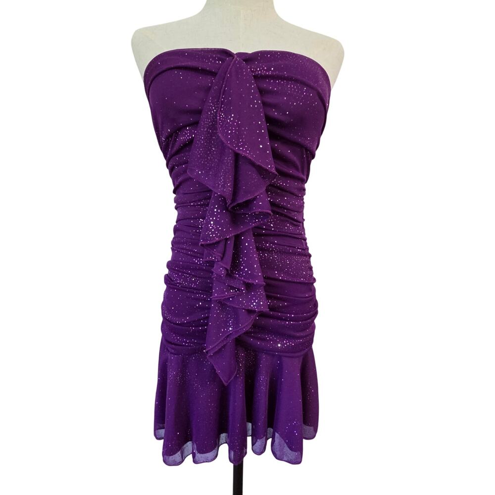 Vtg USA Sequin Hearts Purple Sexy Strapless Dress Sheer Ruching EUC M
